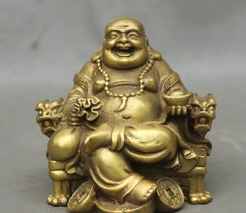 Chinese Brass Sit Dragon Chair Wealth Money Happy Laugh Maitreya Buddha Statue